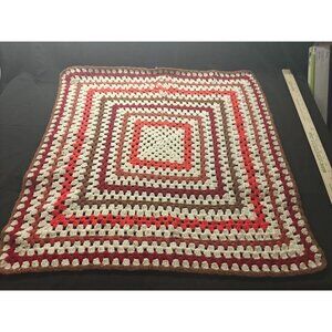 Handmade Vintage Crochet Afghan Blanket/Table Topper With Red White & Brown Stri
